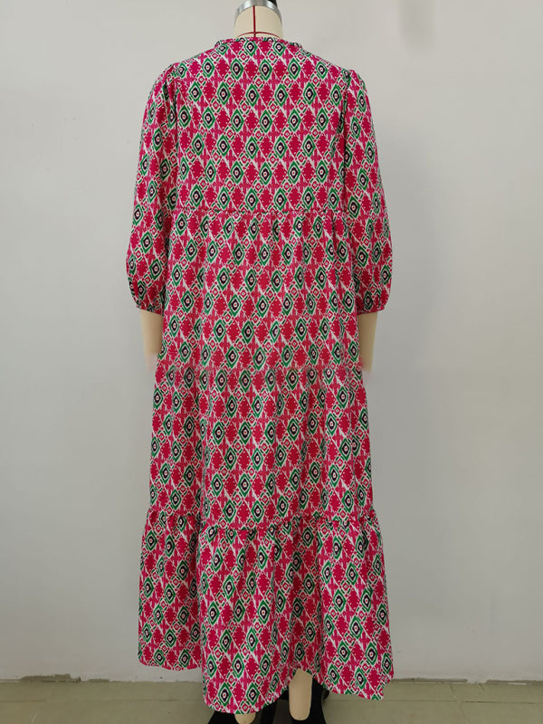 V-neck long-sleeved dress with bohemian print
