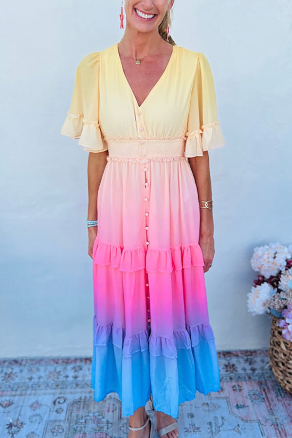 Ombre Sunset Ruffles Maxi Dress - Fashionpara