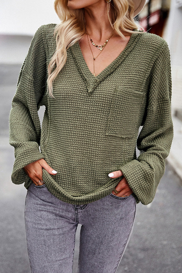 Solid Color V Neck Long Sleeve Tops