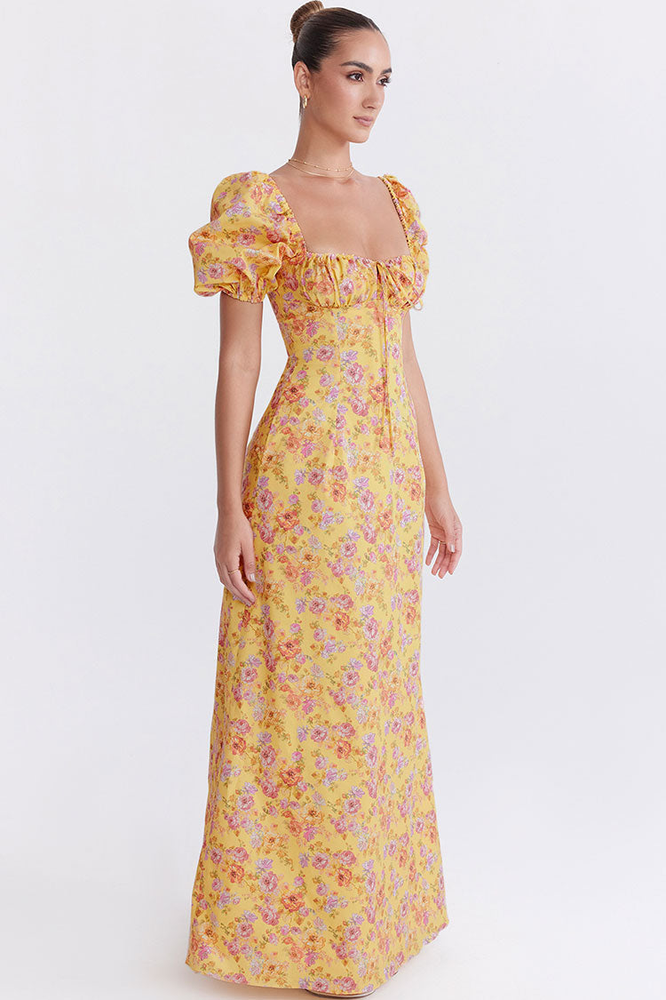 Pretty Tie Neck Puff Sleeve Floral Print Puff Sleeve Summer Maxi Sundress - Yellow - Fashionpara