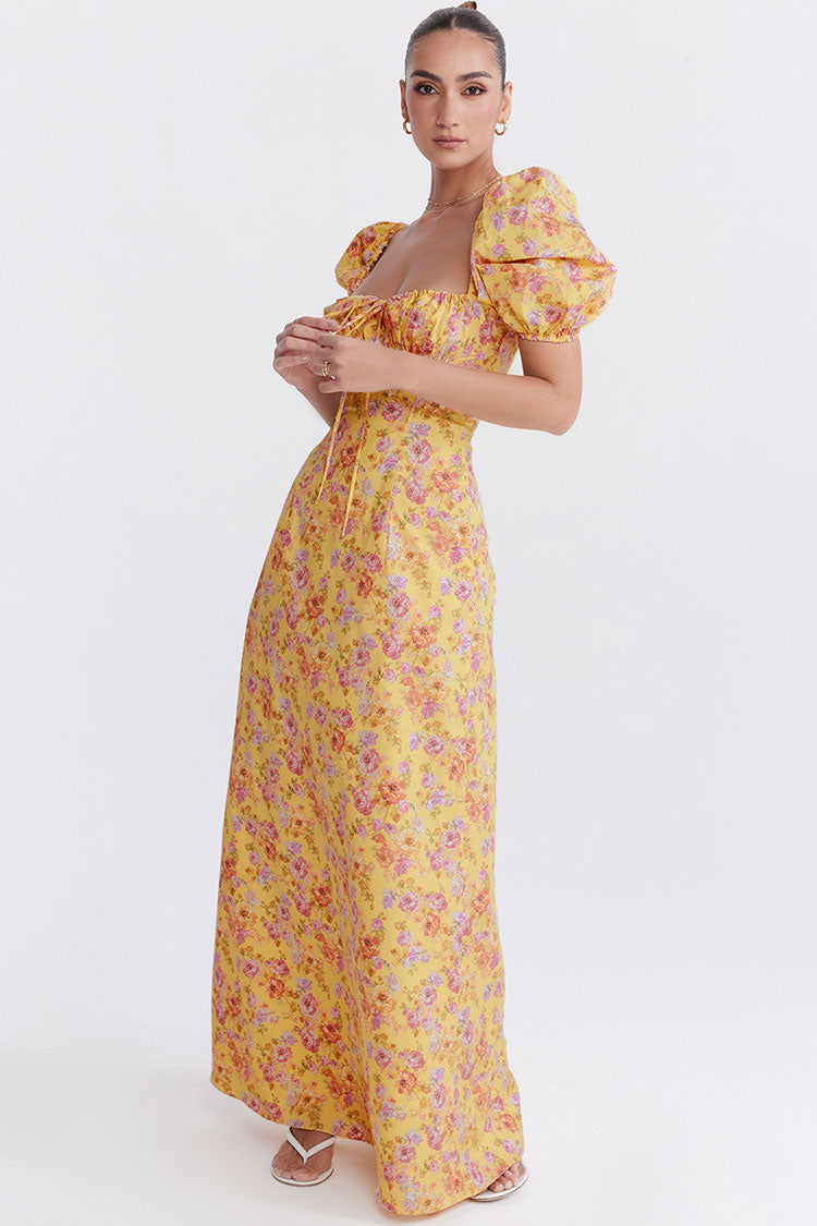 Pretty Tie Neck Puff Sleeve Floral Print Puff Sleeve Summer Maxi Sundress - Yellow - Fashionpara