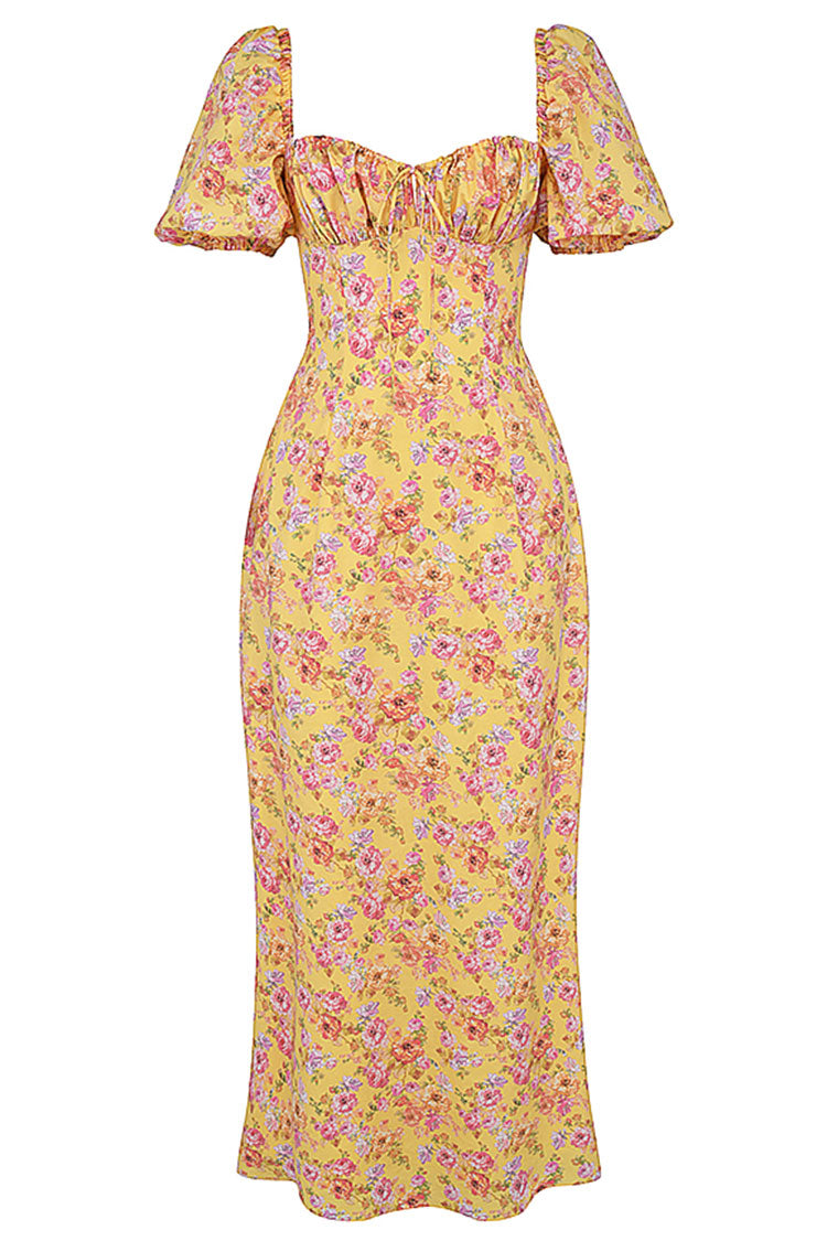 Pretty Tie Neck Puff Sleeve Floral Print Puff Sleeve Summer Maxi Sundress - Yellow - Fashionpara