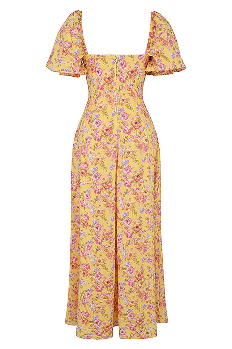 Pretty Tie Neck Puff Sleeve Floral Print Puff Sleeve Summer Maxi Sundress - Yellow - Fashionpara