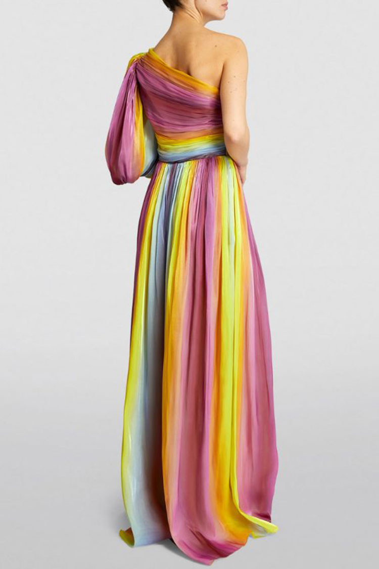 Radiant Striped One Shoulder Puff Sleeve Ruched Split Prom Maxi Dress - Rainbow - Fashionpara