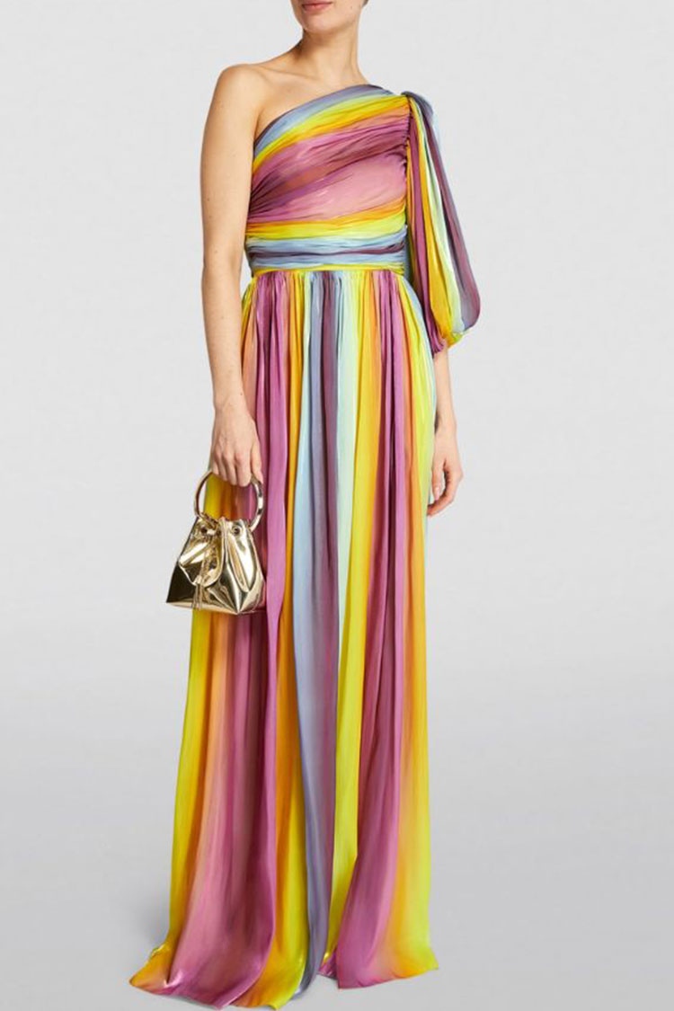 Radiant Striped One Shoulder Puff Sleeve Ruched Split Prom Maxi Dress - Rainbow - Fashionpara