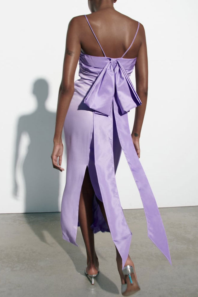 Romantic Pleated Square Neck Bow Back Cocktail Party Midi Dress - Purple - Fashionpara