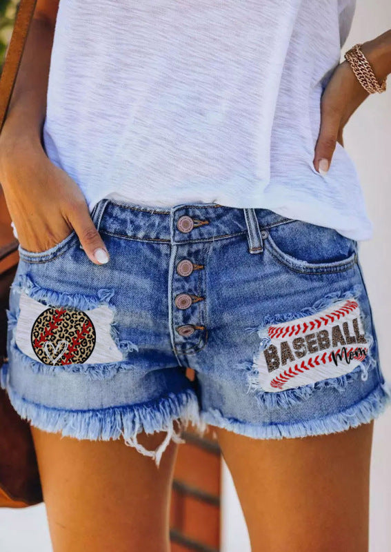 Button-breasted printed patch denim shorts with ripped fringed hot pants - Fashionpara