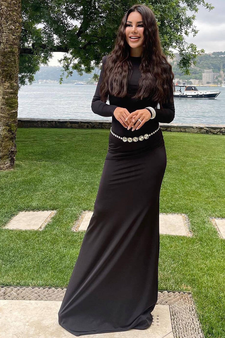 Sexy Backless Crew Neck Long Sleeve Crystal Belt Evening Maxi Dress - Black - Fashionpara