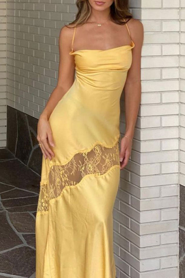 Sexy Cowl Neck Lace Trim Tie Backless Beach Vacation Maxi Dress - Yellow - Fashionpara