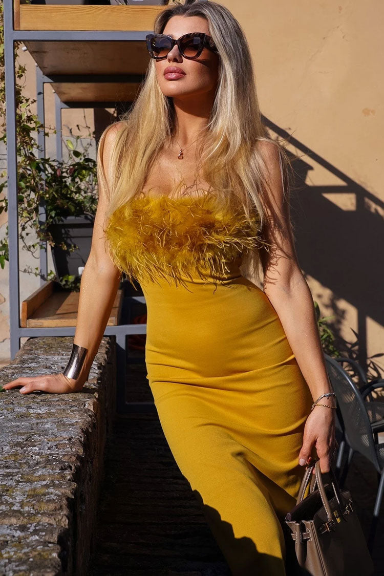 Sexy Feather Trim Square Neck Spaghetti Strap Fishtail Cocktail Midi Dress - Yellow - Fashionpara