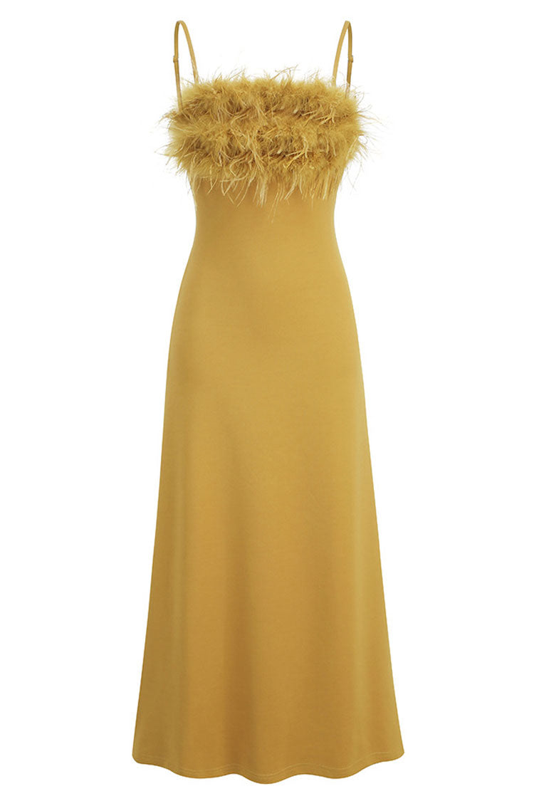 Sexy Feather Trim Square Neck Spaghetti Strap Fishtail Cocktail Midi Dress - Yellow - Fashionpara