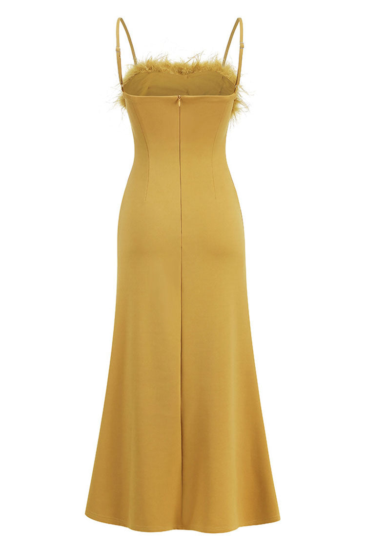 Sexy Feather Trim Square Neck Spaghetti Strap Fishtail Cocktail Midi Dress - Yellow - Fashionpara