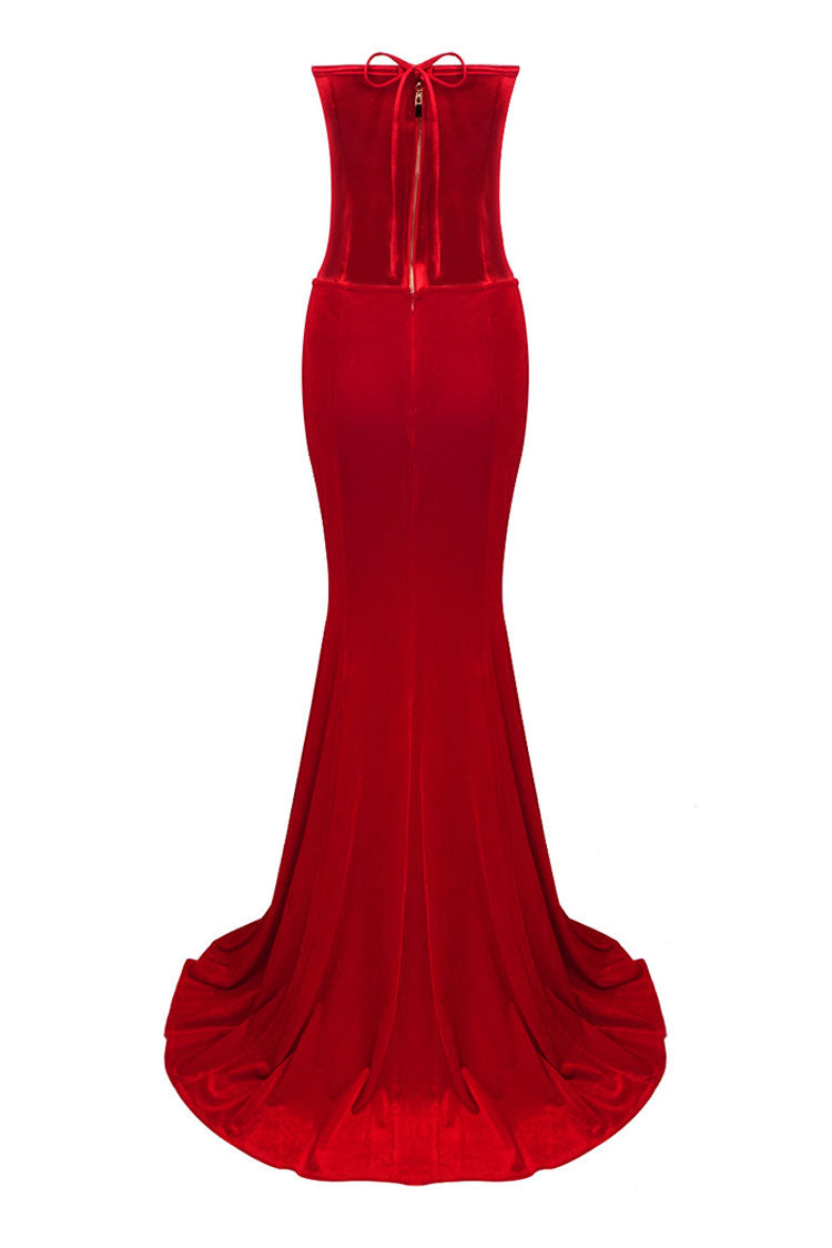 Sexy Sweetheart Satin Top Bowknot High Waist Fishtail Two Piece Maxi Dress - Red - Fashionpara