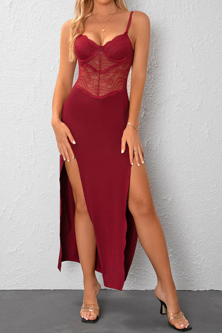 Sexy Sweetheart Semi Sheer Lace Panel High Split Evening Maxi Dress - Red - Fashionpara