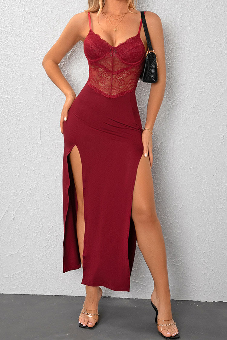 Sexy Sweetheart Semi Sheer Lace Panel High Split Evening Maxi Dress - Red - Fashionpara