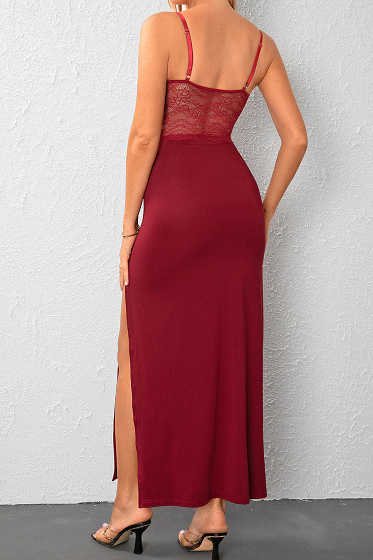 Sexy Sweetheart Semi Sheer Lace Panel High Split Evening Maxi Dress - Red - Fashionpara