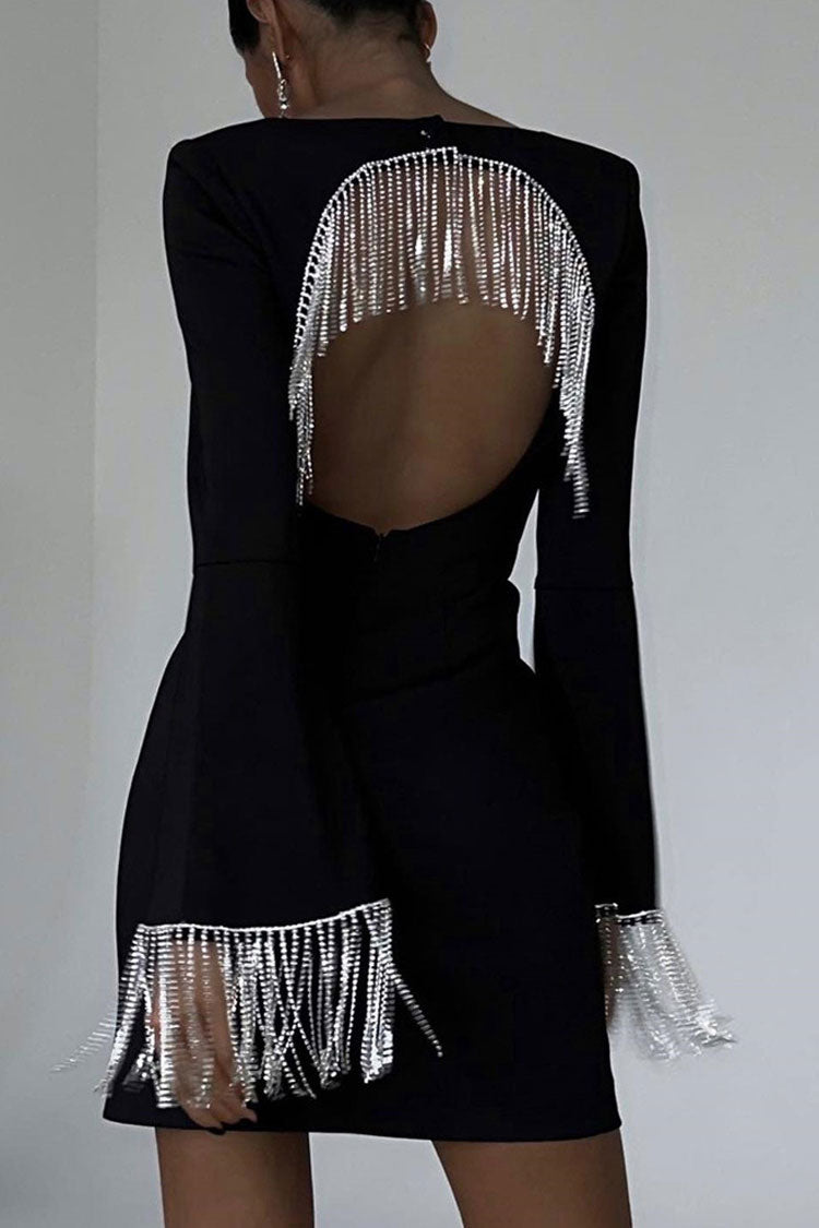 Sparkly Rhinestone Fringe Cutout Square Neck Long Sleeve Party Mini Dress - Black - Fashionpara