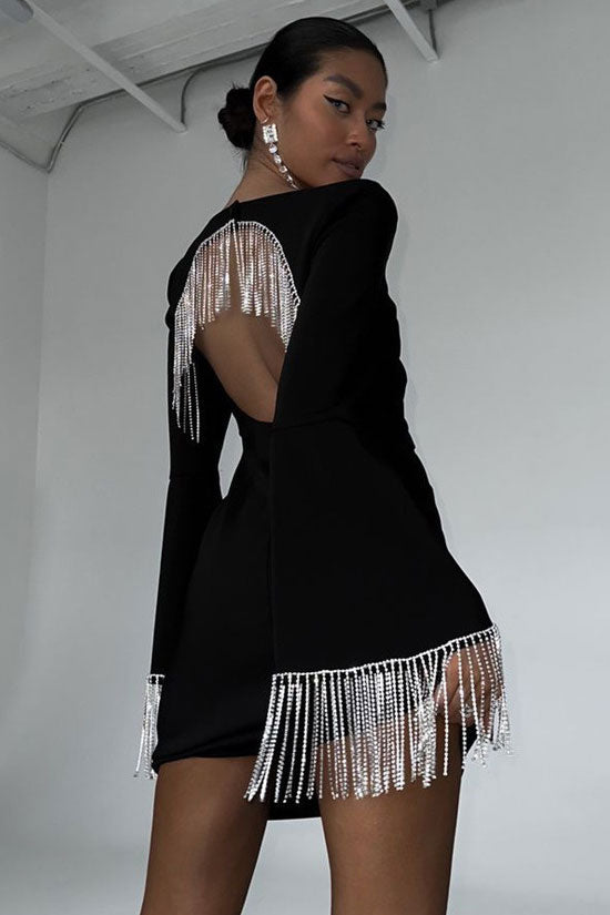 Sparkly Rhinestone Fringe Cutout Square Neck Long Sleeve Party Mini Dress - Black - Fashionpara