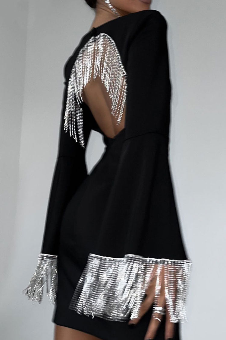 Sparkly Rhinestone Fringe Cutout Square Neck Long Sleeve Party Mini Dress - Black - Fashionpara