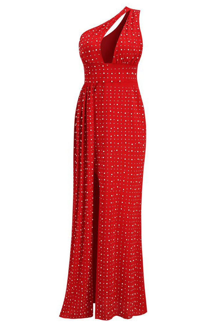 Sparkly Rhinestone Pearl One Shoulder Cutout Draped Split Evening Maxi Dress - Red - Fashionpara