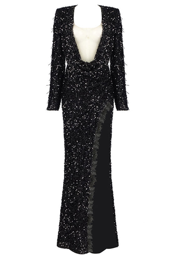 Sparkly Sequin Deep V Shoulder Pad Long Sleeve Split Evening Maxi Dress - Black - Fashionpara