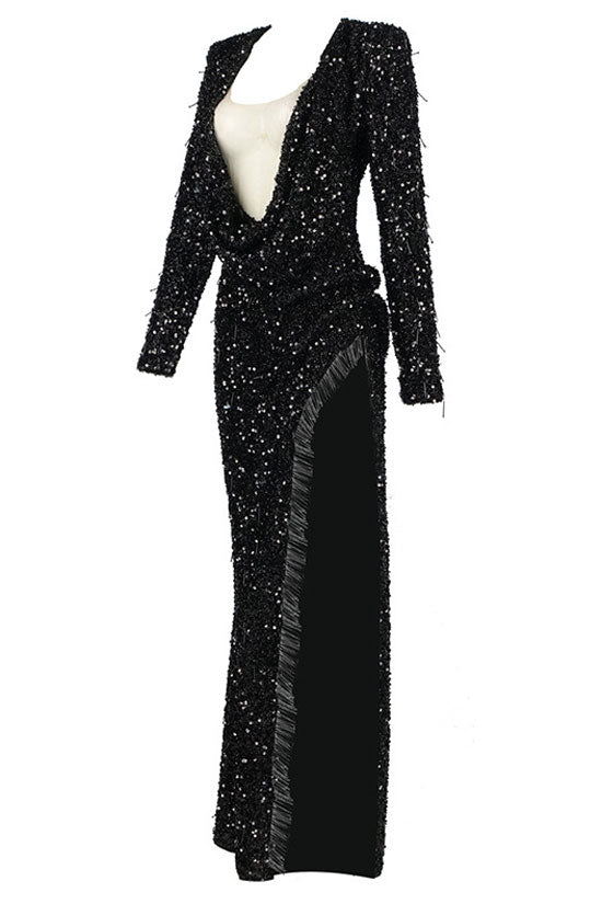 Sparkly Sequin Deep V Shoulder Pad Long Sleeve Split Evening Maxi Dress - Black - Fashionpara