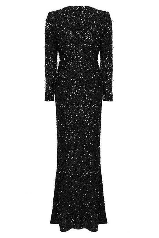 Sparkly Sequin Deep V Shoulder Pad Long Sleeve Split Evening Maxi Dress - Black - Fashionpara