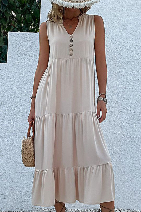 Solid Color V Neck Sleeveless Casual Dress - Fashionpara