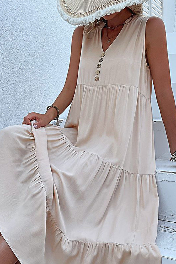 Solid Color V Neck Sleeveless Casual Dress - Fashionpara