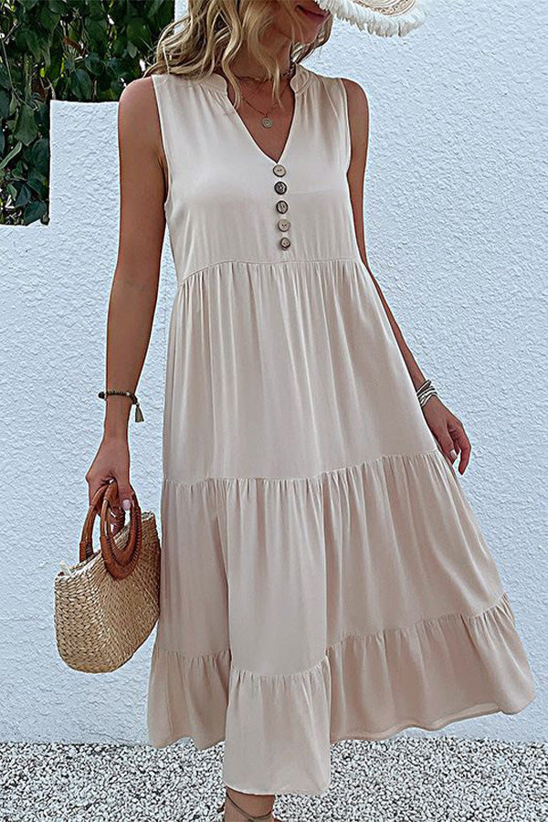 Solid Color V Neck Sleeveless Casual Dress - Fashionpara