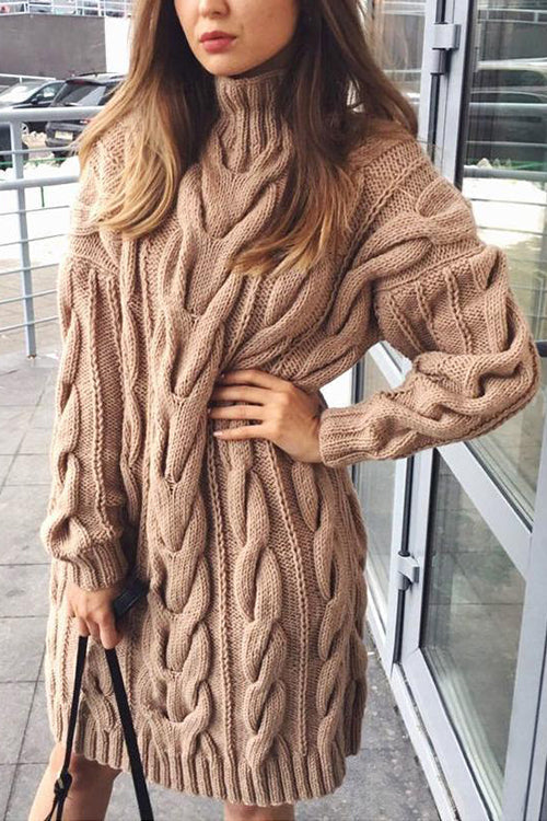 Cable Knit Turtleneck Sweater Dress - Fashionpara