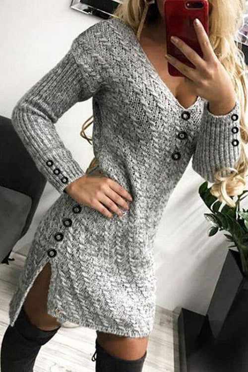 Button V Neck Side Slit Sweater Dress - Fashionpara