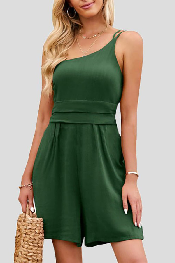 Solid One Shoulder Backless Romper - Fashionpara