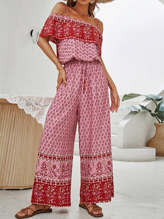 Sling Off Shoulder Print Wide Leg Jumpsuit - Fashionpara