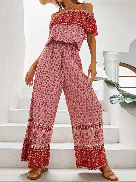 Sling Off Shoulder Print Wide Leg Jumpsuit - Fashionpara