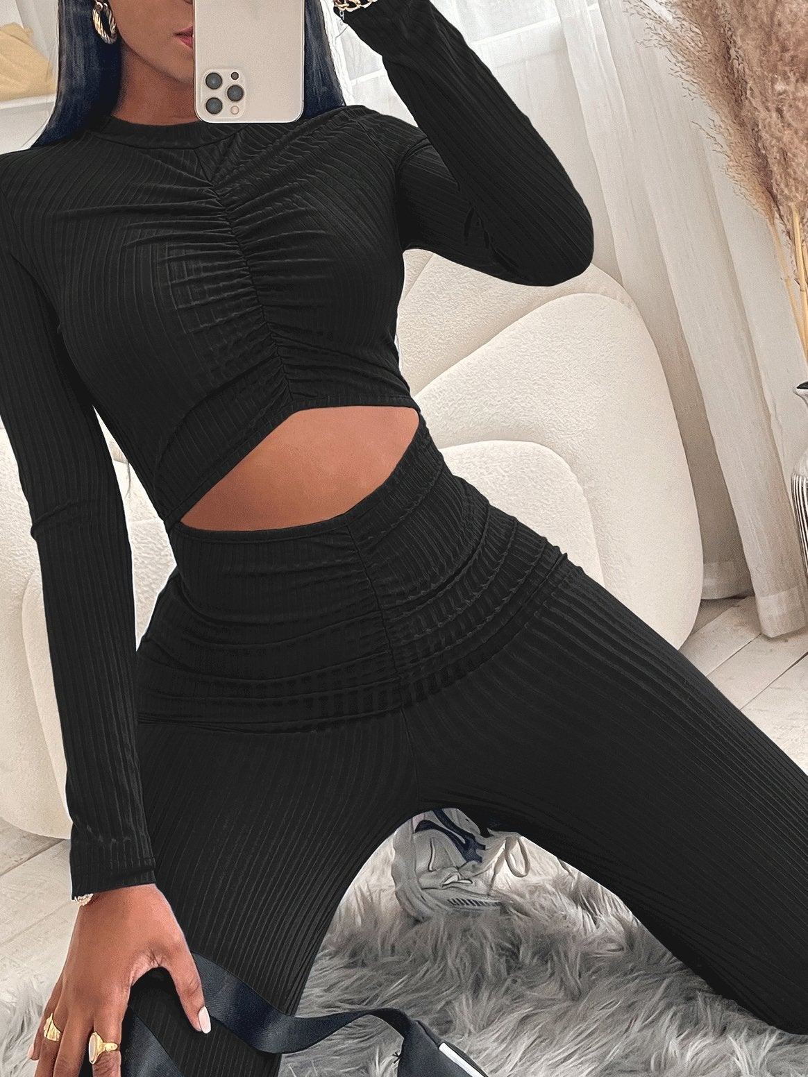 Smocked Long Sleeve Waist Hollow Skinny Jumpsuit - Fashionpara